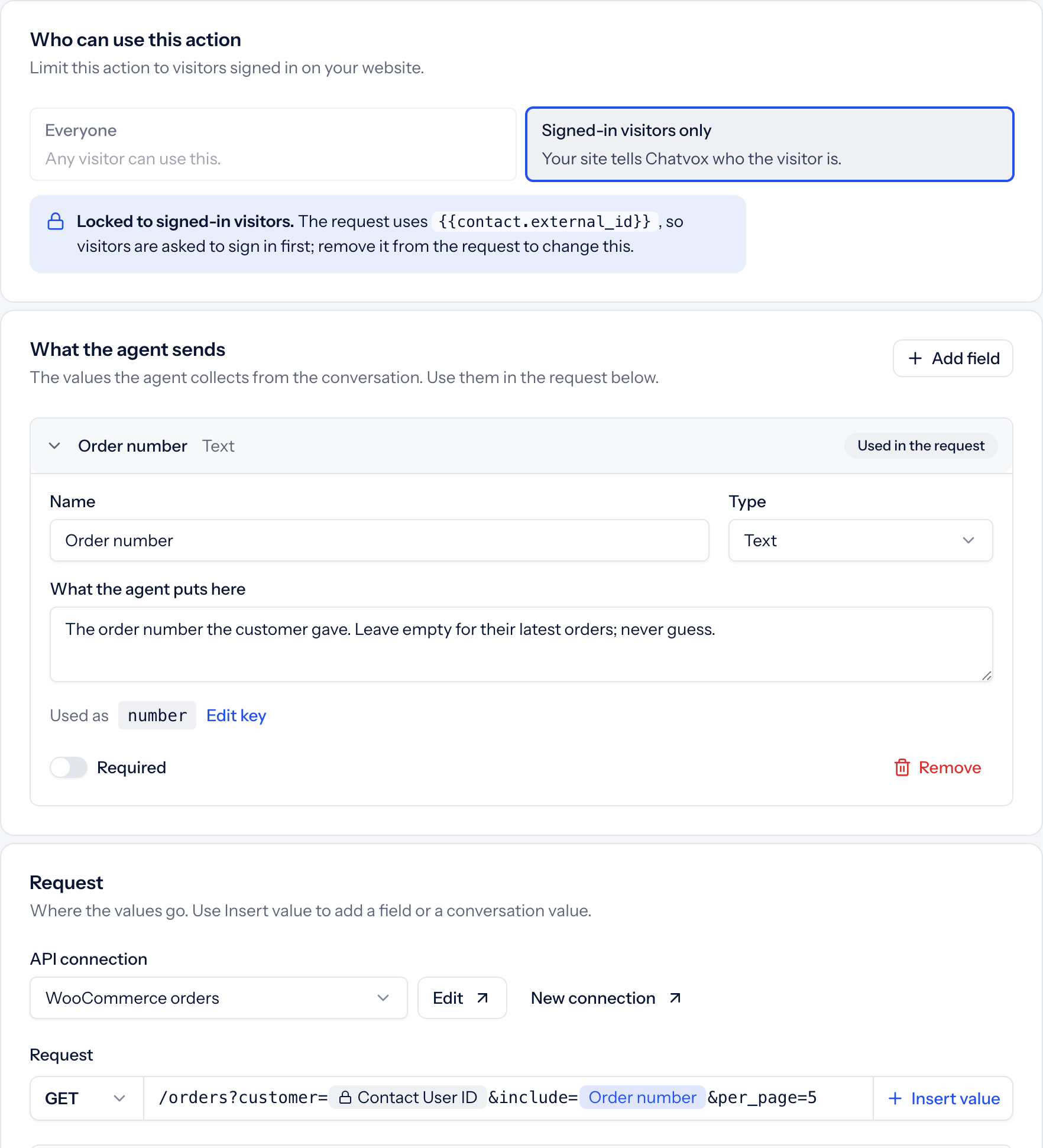 Order lookup action with signed-in access, optional Order number input, and GET request scoped to the contact User ID
