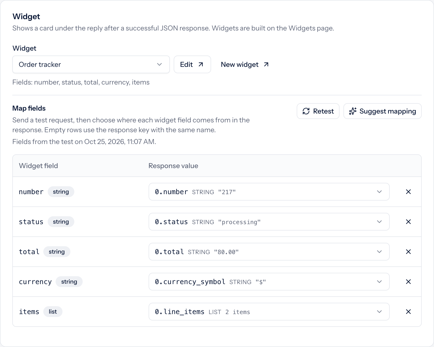 Order tracker mapping table with all five fields mapped to the first WooCommerce order