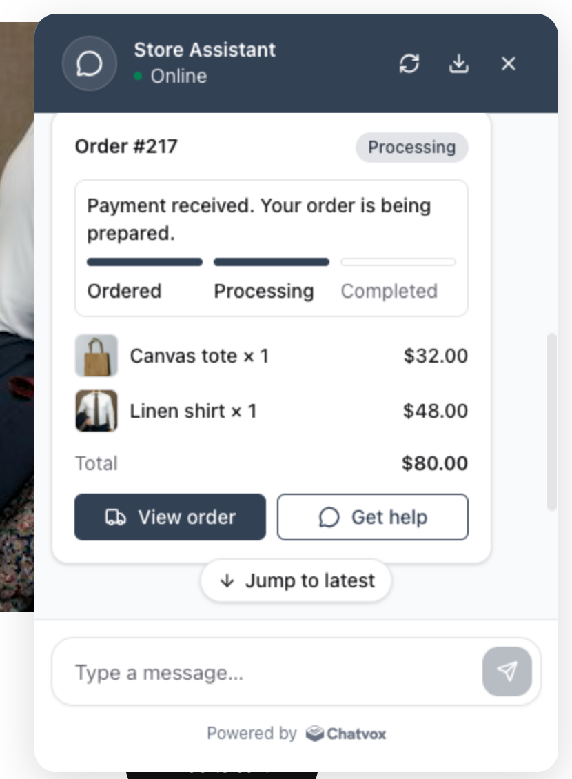 Storefront chat showing Jamie’s real order 217, Processing status, Canvas tote, Linen shirt, and $80 total