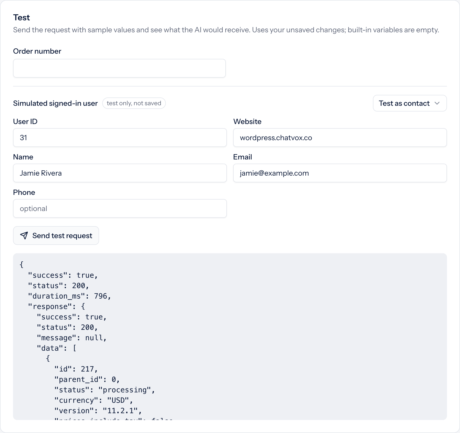 Test as contact filled with Jamie’s User ID 31 and website, followed by a successful order response