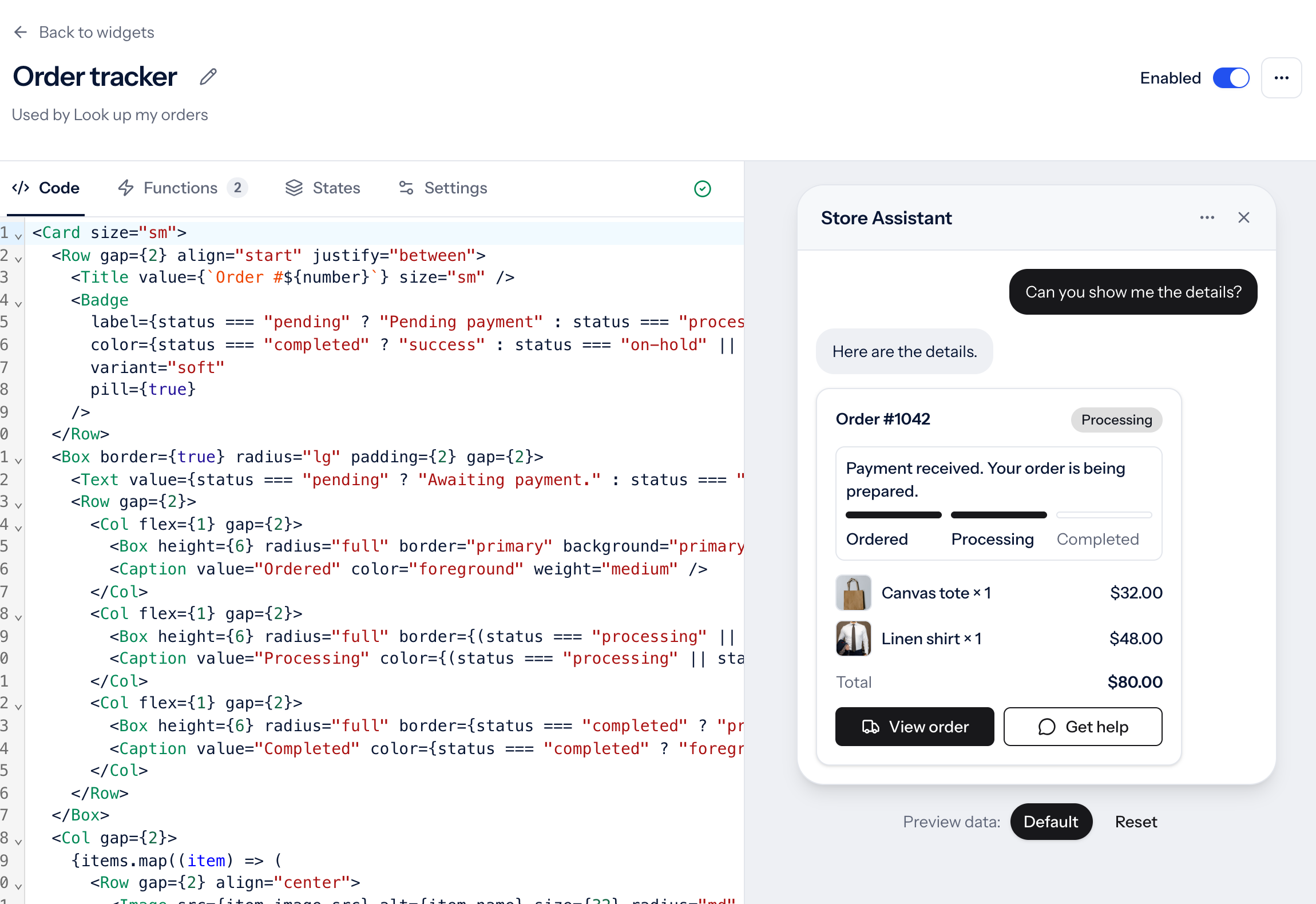 Imported Order tracker widget builder showing its WooCommerce layout code and sample order preview