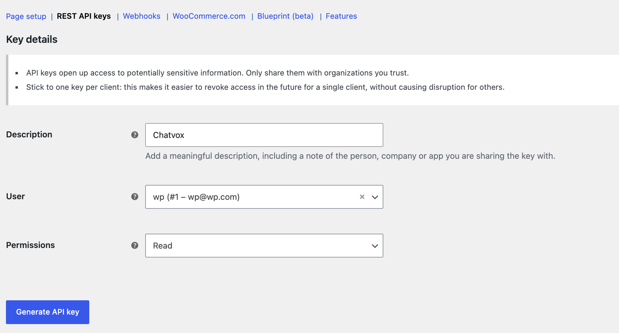 WooCommerce REST API key form with description Chatvox, an administrator selected, and Read permissions before generation