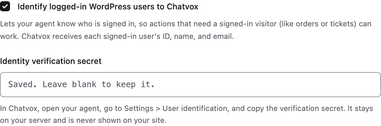 WordPress Chatvox settings with signed-in customer identification enabled and the secret hidden