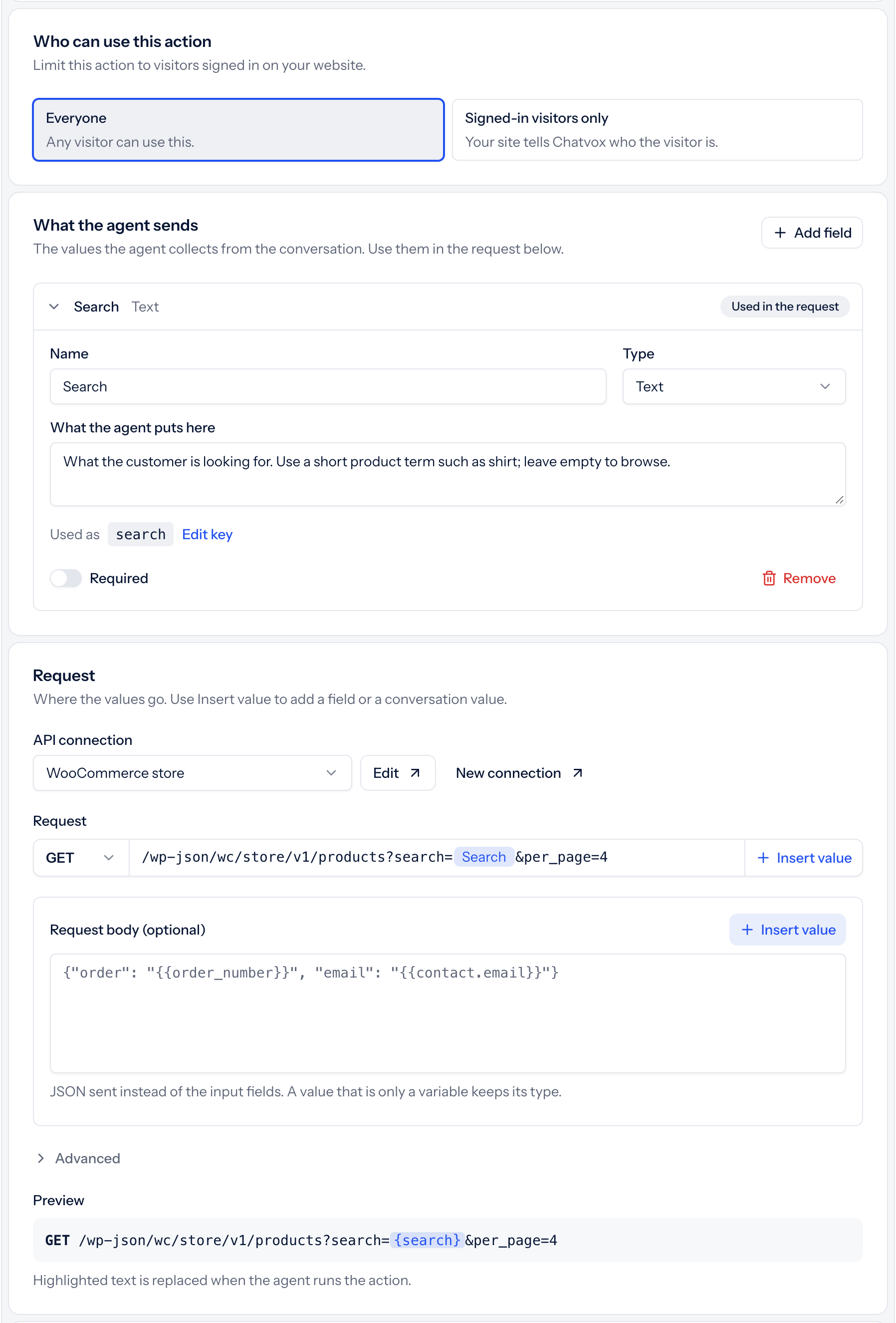 Search products request with GET, the search placeholder, and the optional Search input