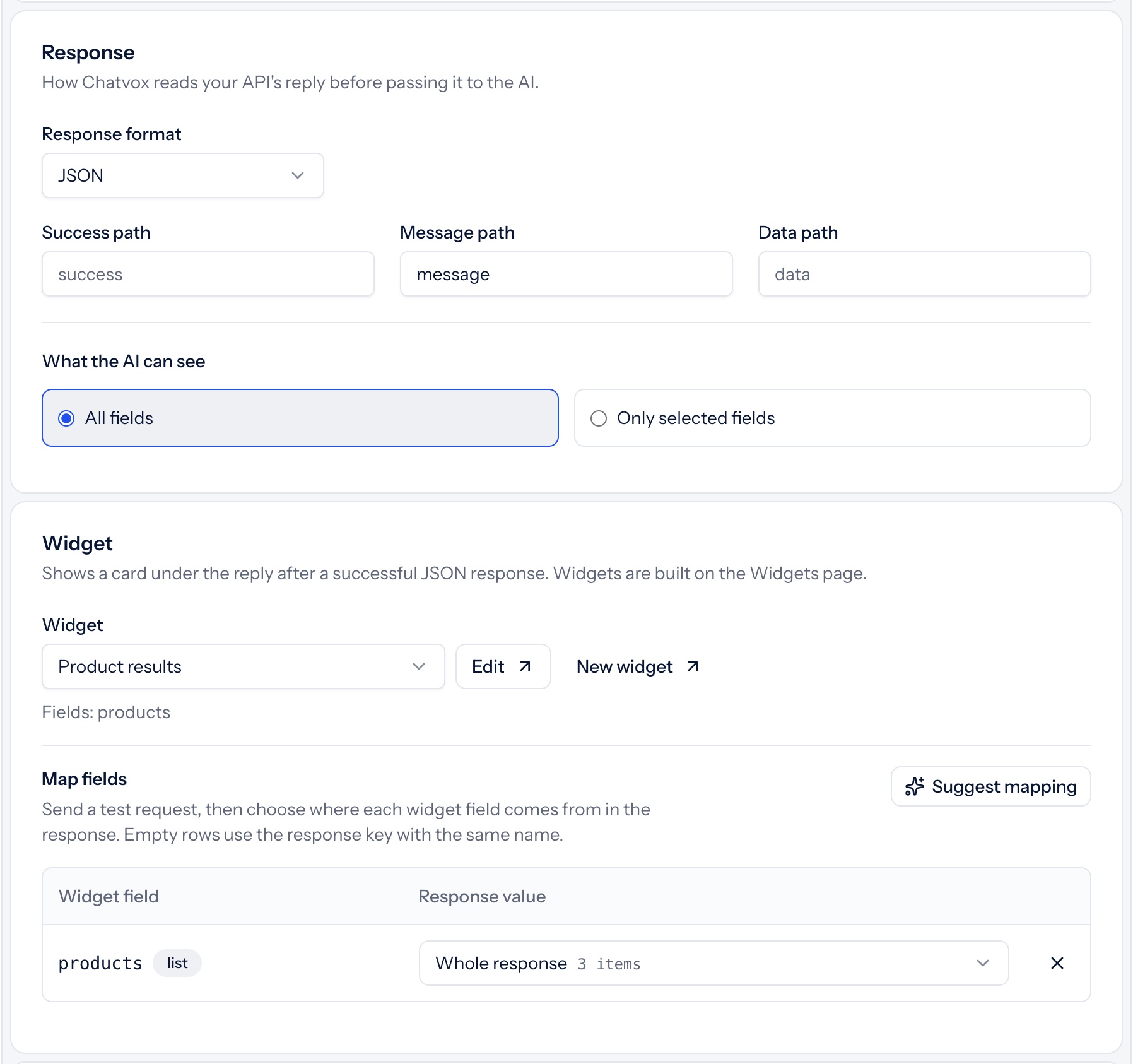 JSON response settings with Product results selected and products mapped to the whole response