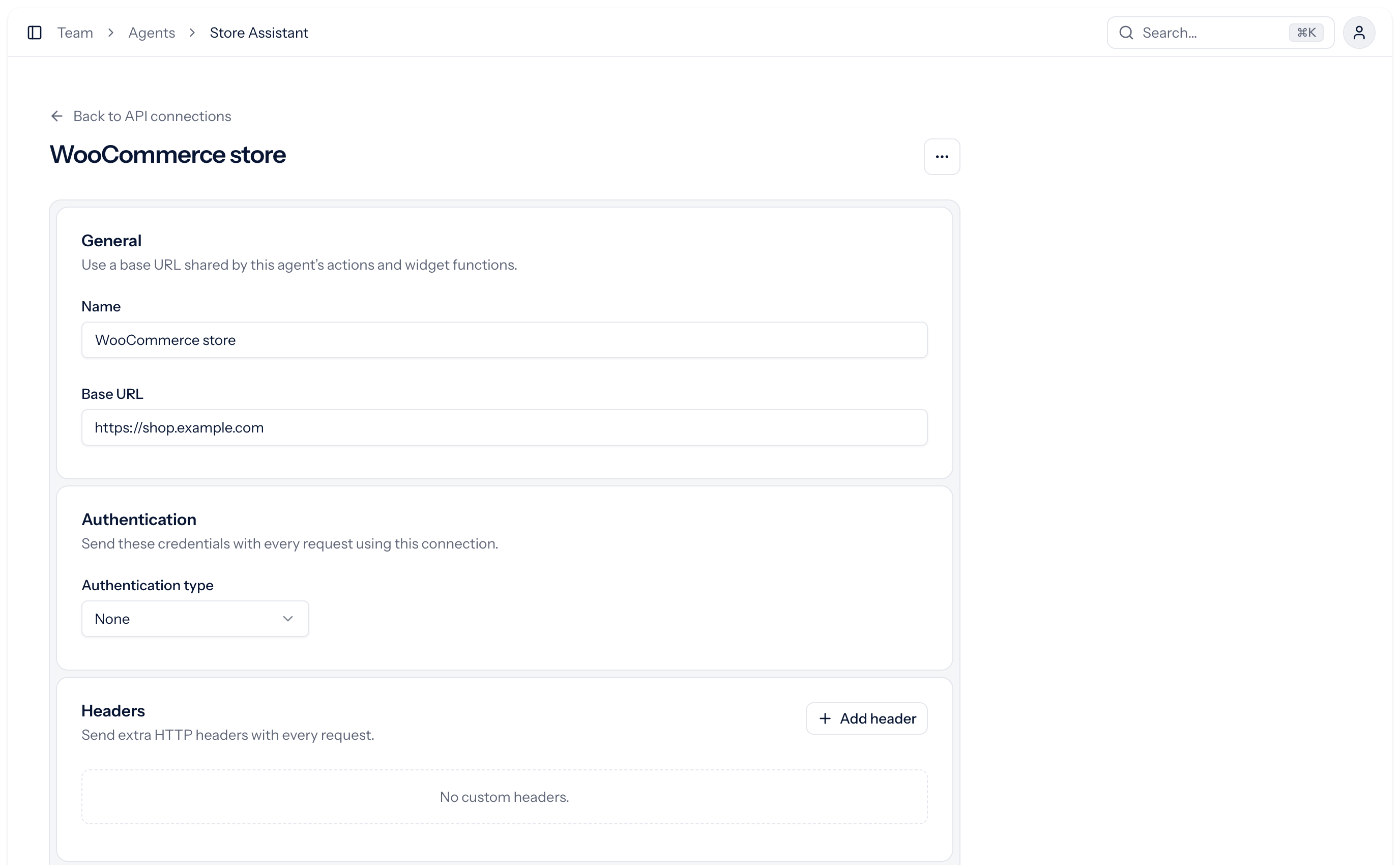 WooCommerce store connection with the public HTTPS base URL and no authentication
