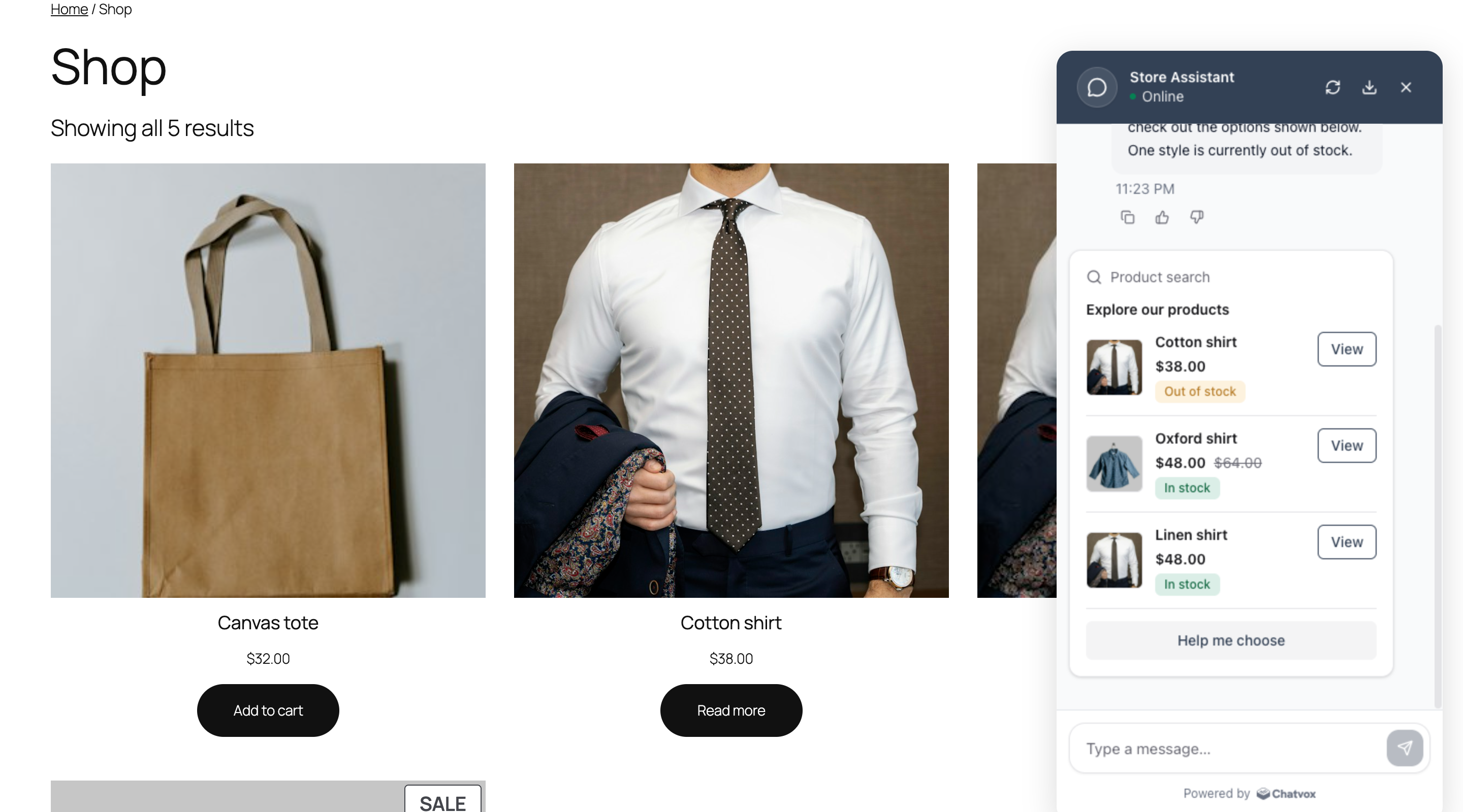 WooCommerce products alongside the storefront chat, with product images, sale prices, and stock badges