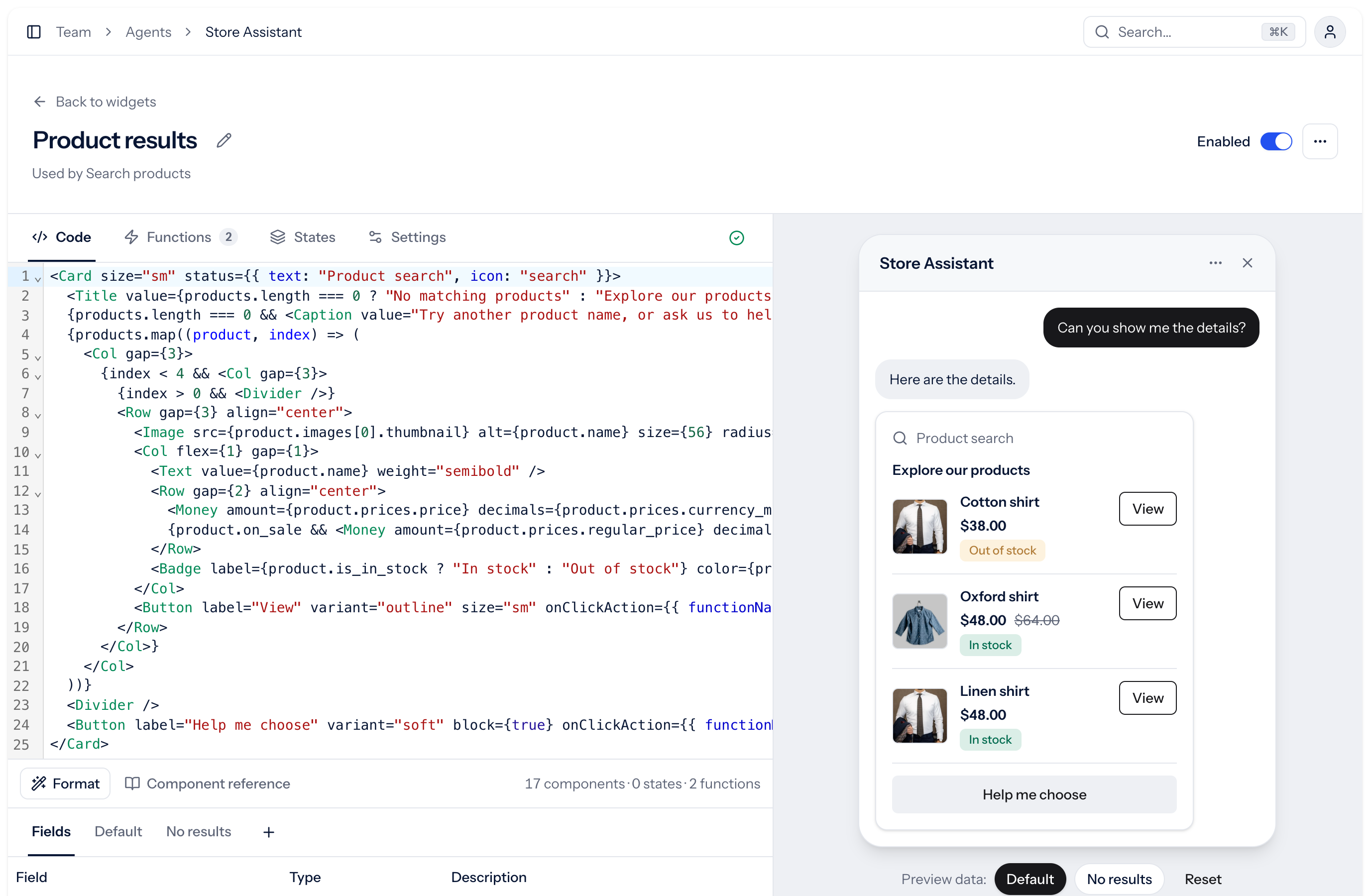 Product results in the widget builder, previewing sale prices and stock badges